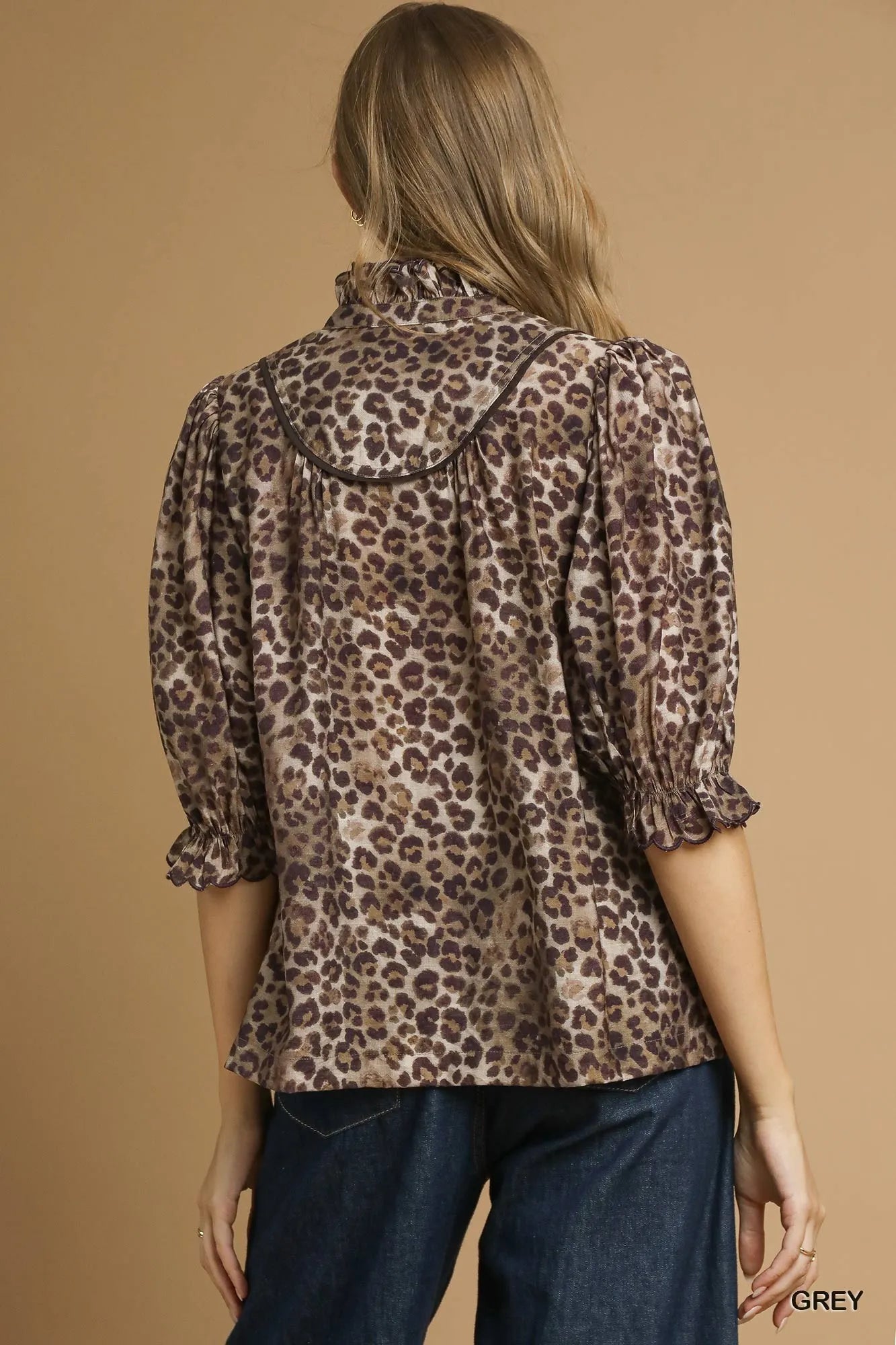 Women's Leopard Ruffle-Neck Blouse