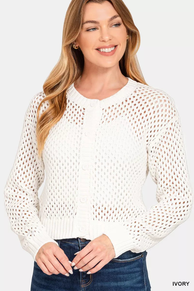 Women's Lightweight Crochet Button Cardigan