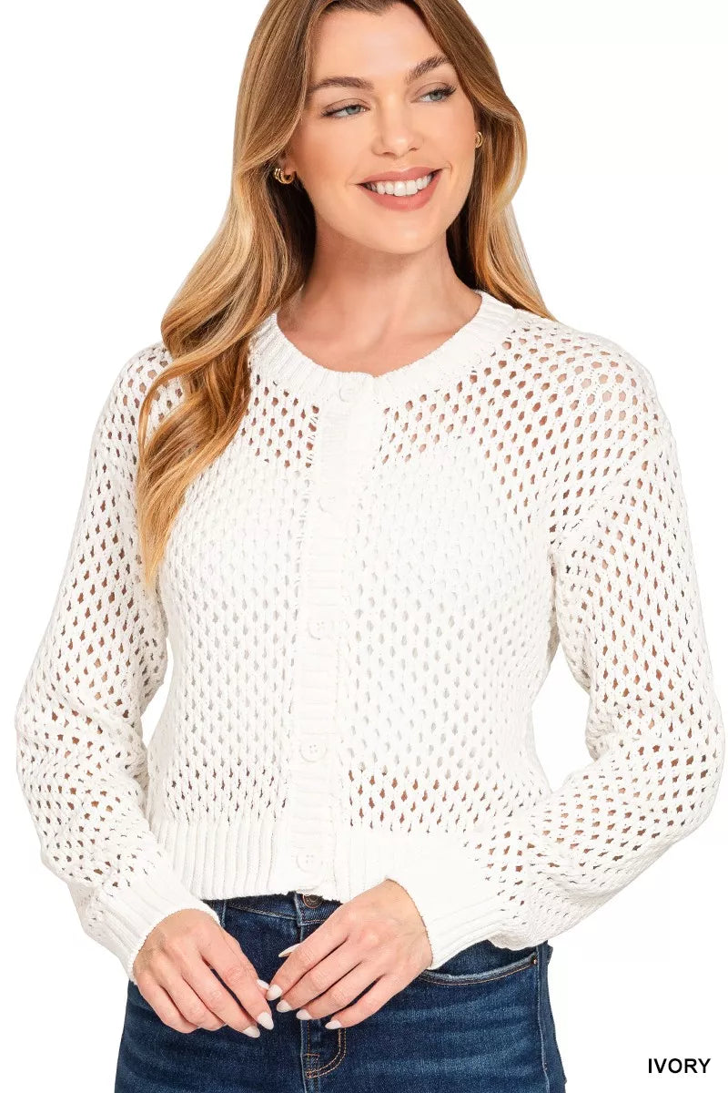 Women's Lightweight Crochet Button Cardigan