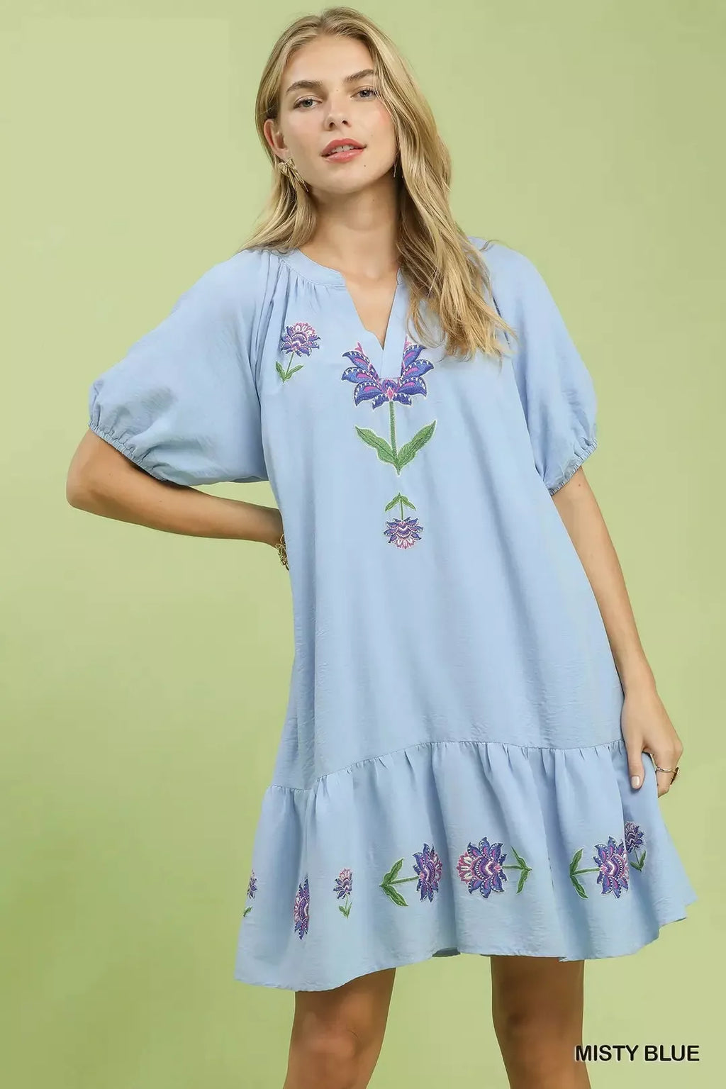 Women's Misty Blue Embroidered Floral Babydoll Dress