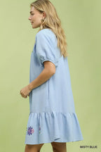 Women's Misty Blue Embroidered Floral Babydoll Dress