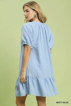 Women's Misty Blue Embroidered Floral Babydoll Dress