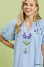 Women's Misty Blue Embroidered Floral Babydoll Dress