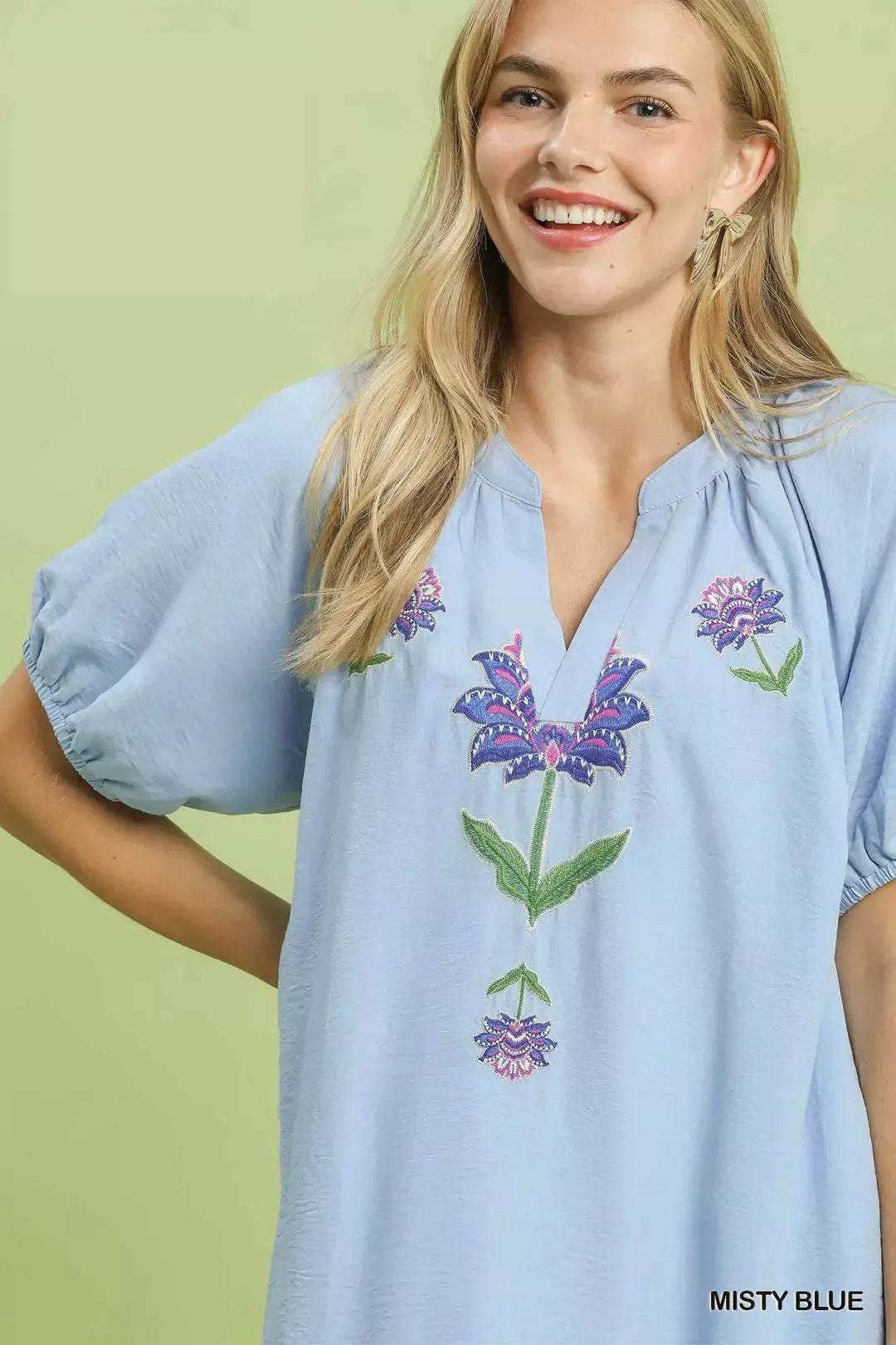 Women's Misty Blue Embroidered Floral Babydoll Dress
