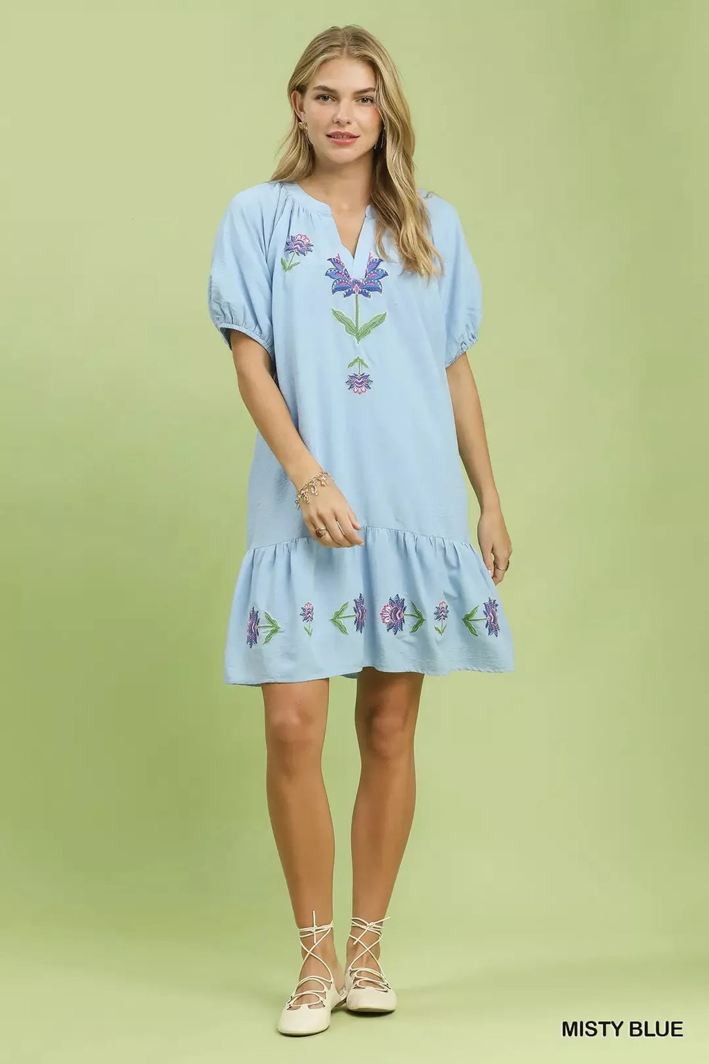 Women's Misty Blue Embroidered Floral Babydoll Dress