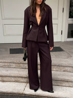 Women's One-Button Blazer and Wide-Leg Pants Set