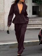 Women's One-Button Blazer and Wide-Leg Pants Set