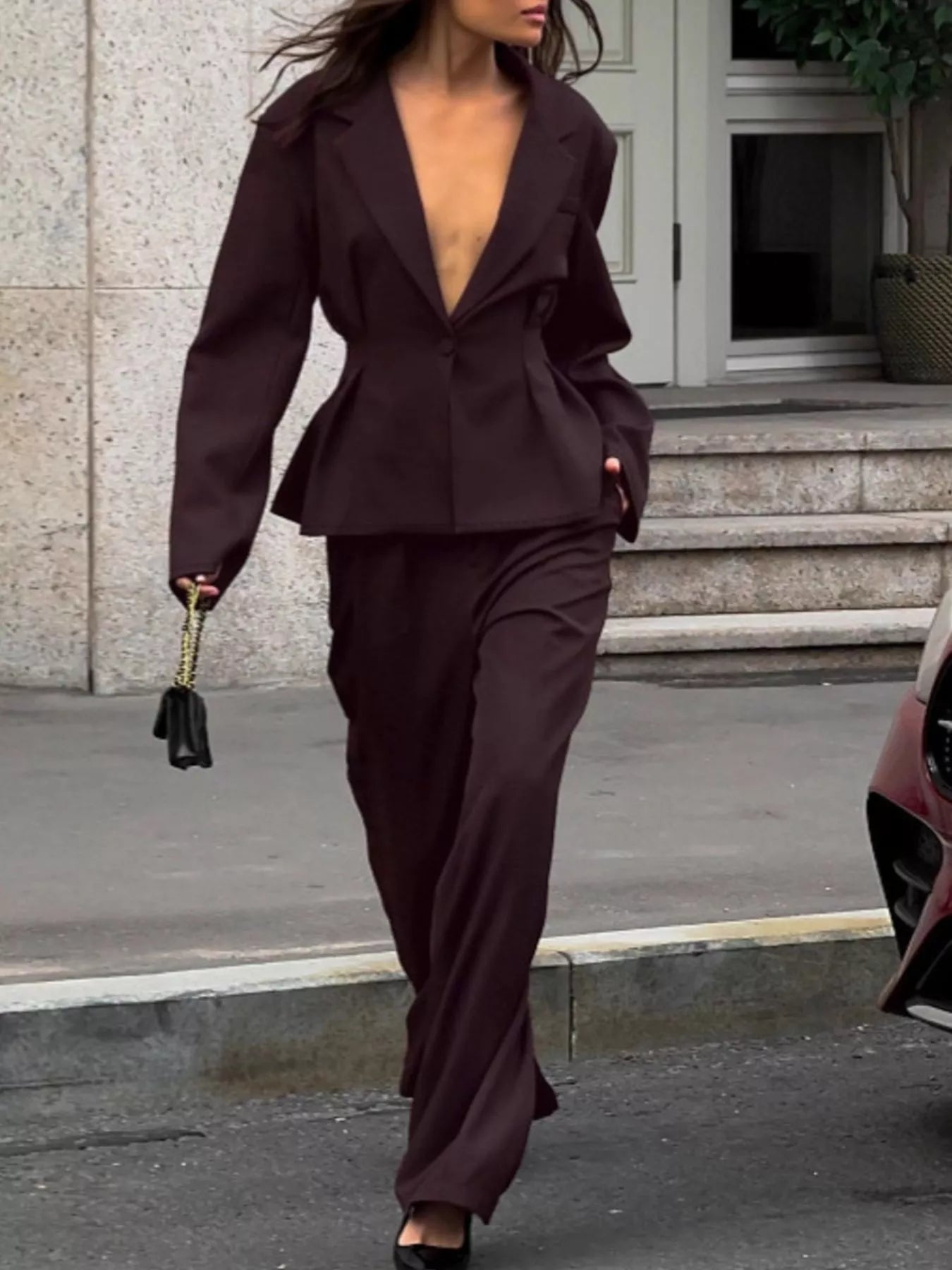 Women's One-Button Blazer and Wide-Leg Pants Set