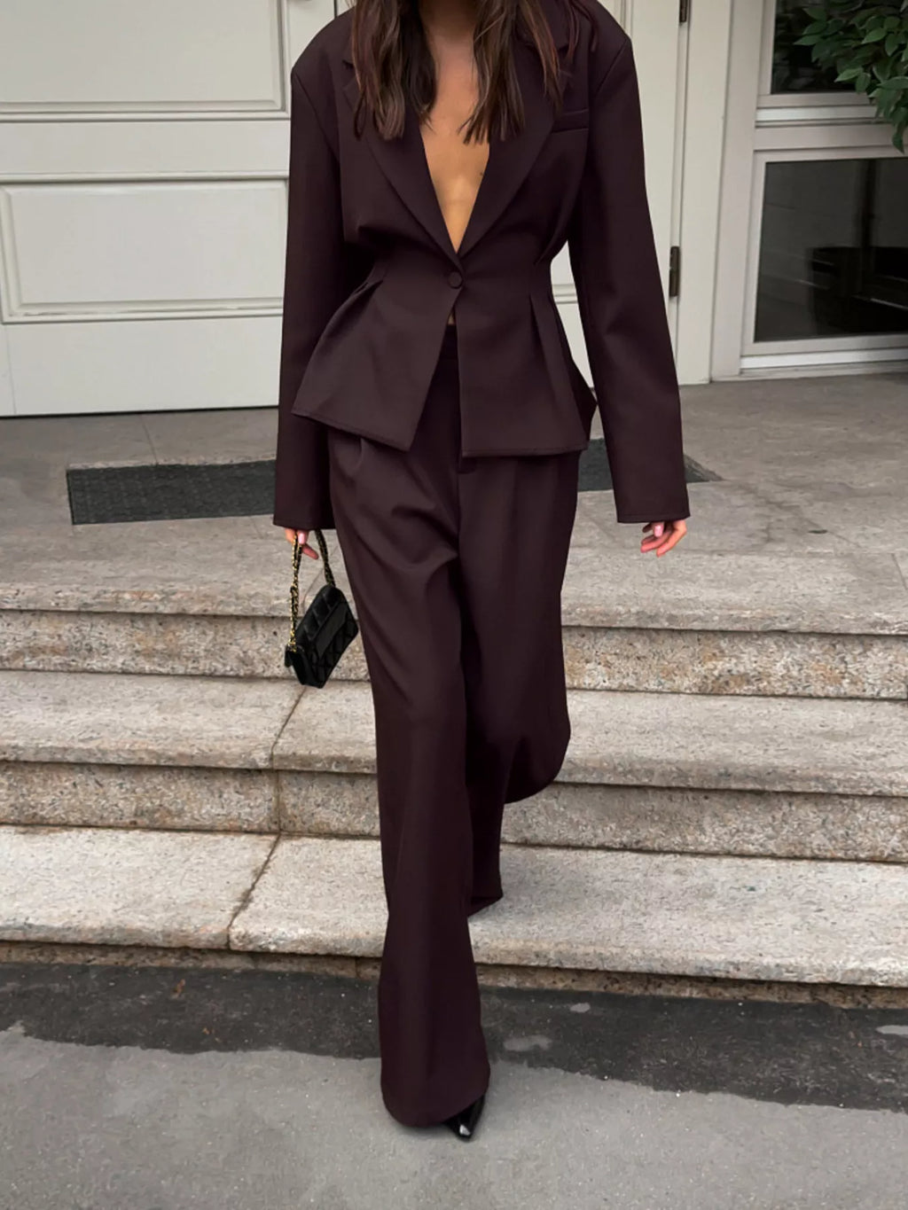 Women's One-Button Blazer and Wide-Leg Pants Set