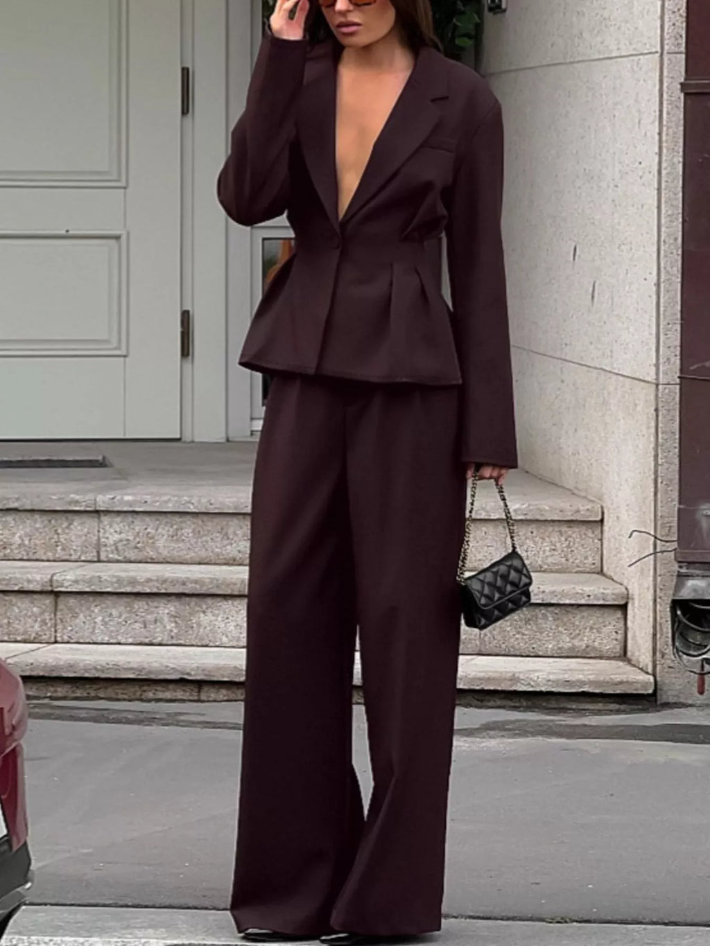 Women's One-Button Blazer and Wide-Leg Pants Set