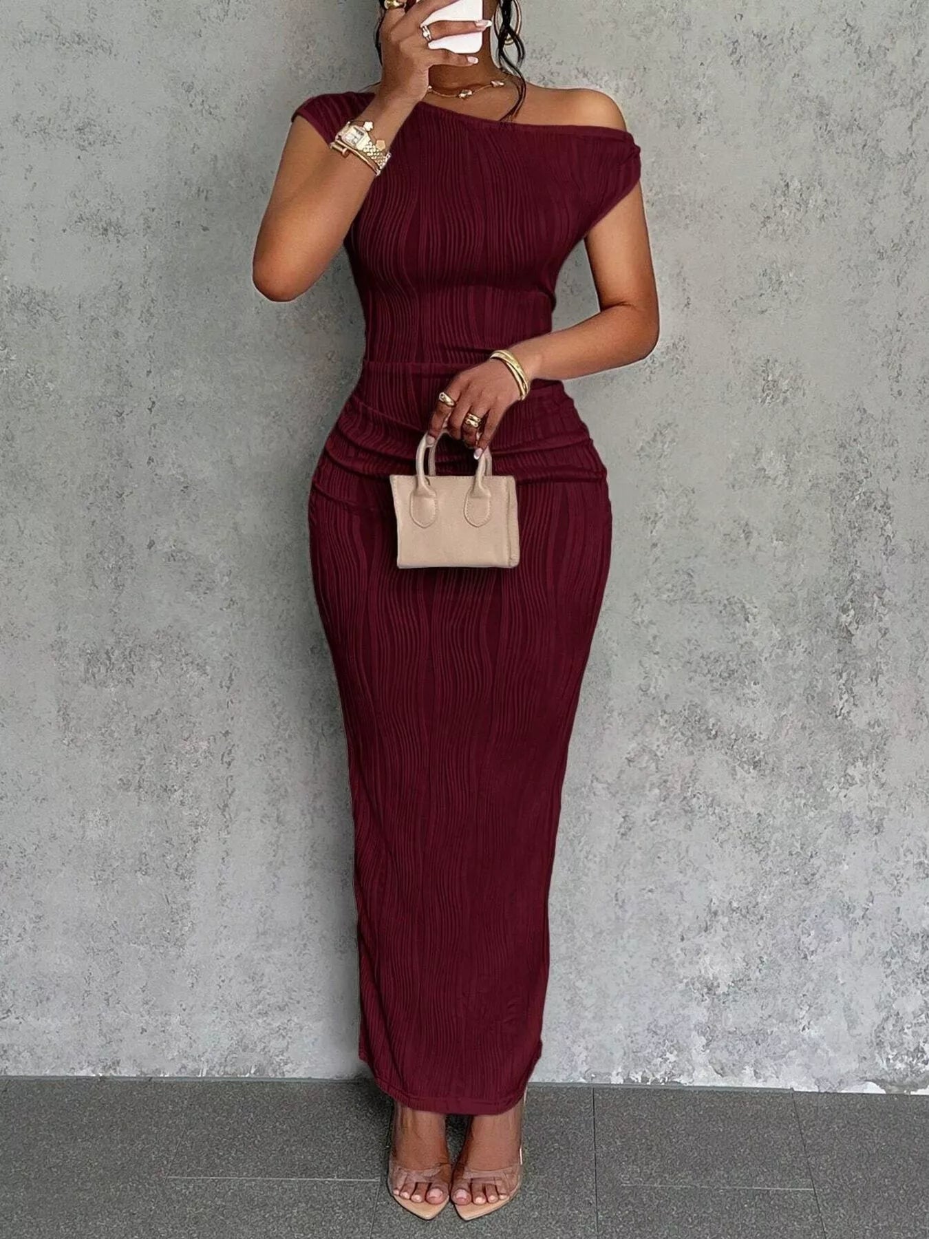 Women's One-Shoulder Textured Maxi Dress