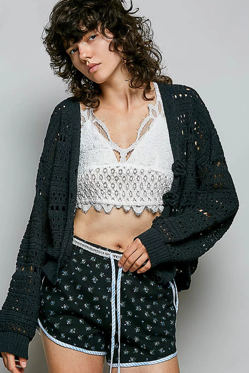Women's Open-Knit Floral Button Cardigan