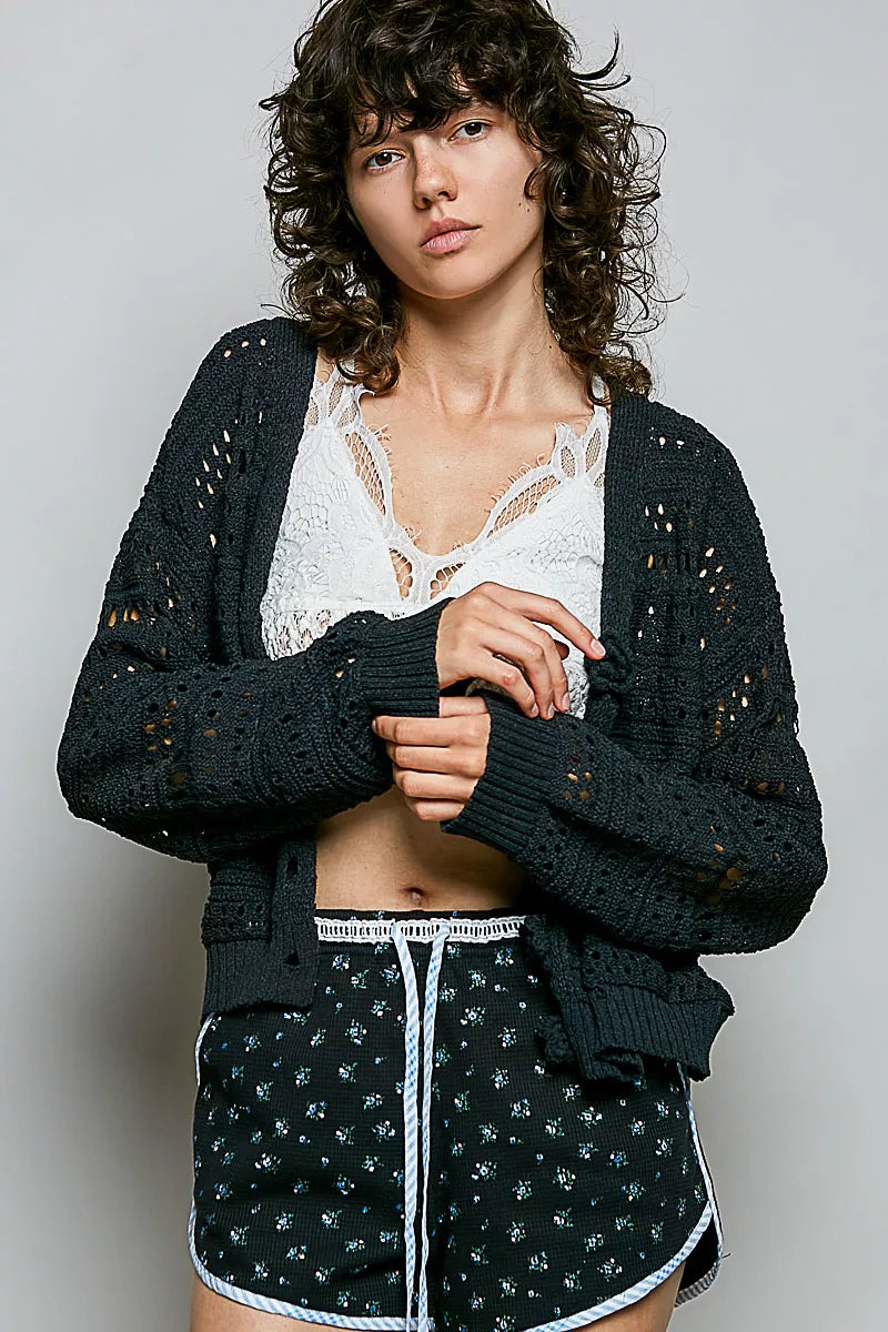 Women's Open-Knit Floral Button Cardigan