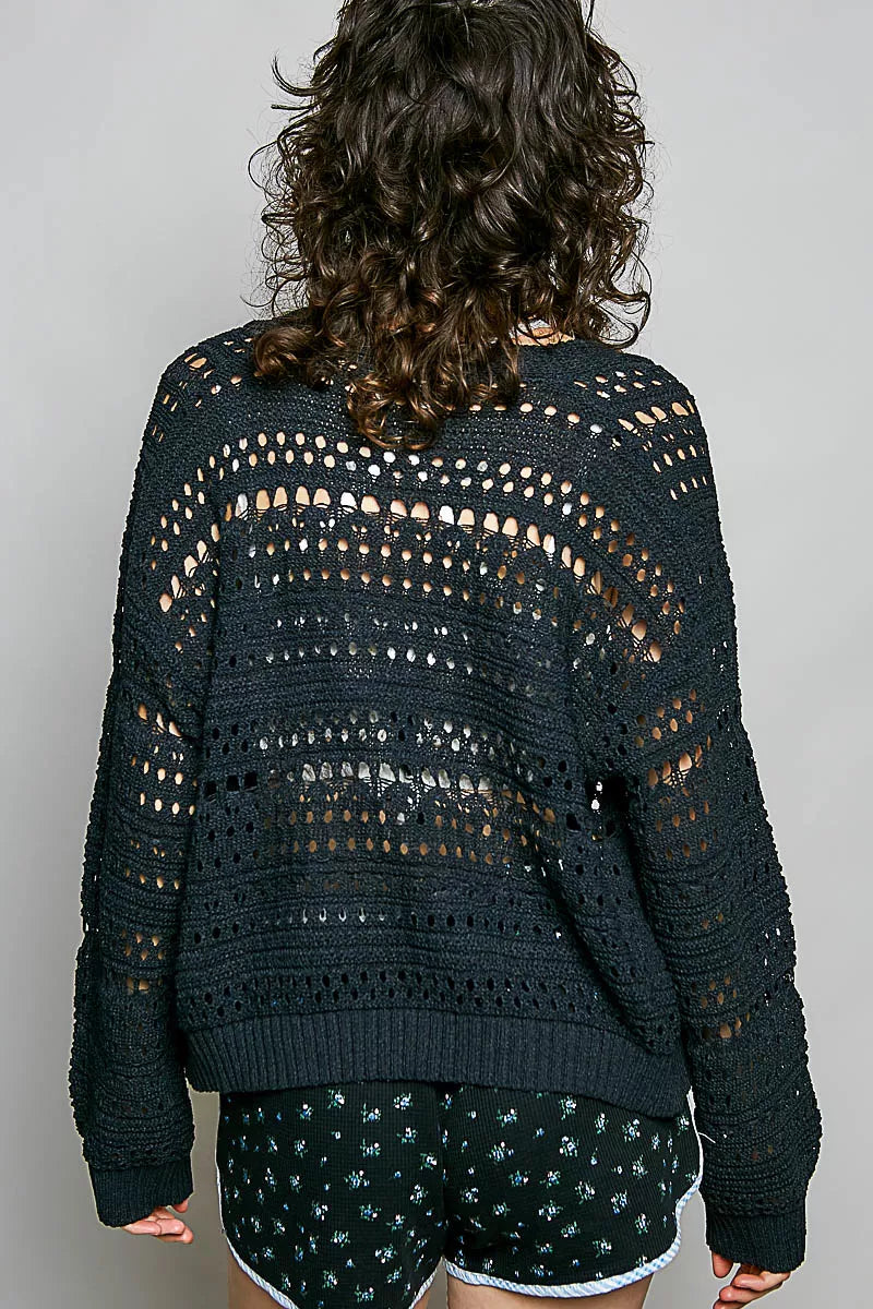 Women's Open-Knit Floral Button Cardigan