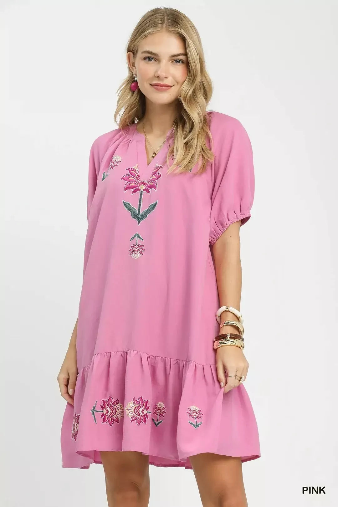 Women's Pink Embroidered Floral Babydoll Dress