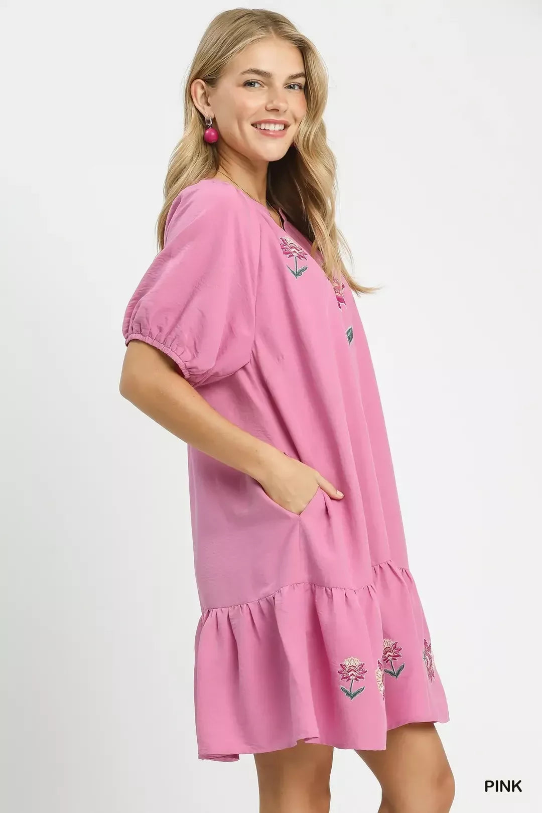 Women's Pink Embroidered Floral Babydoll Dress