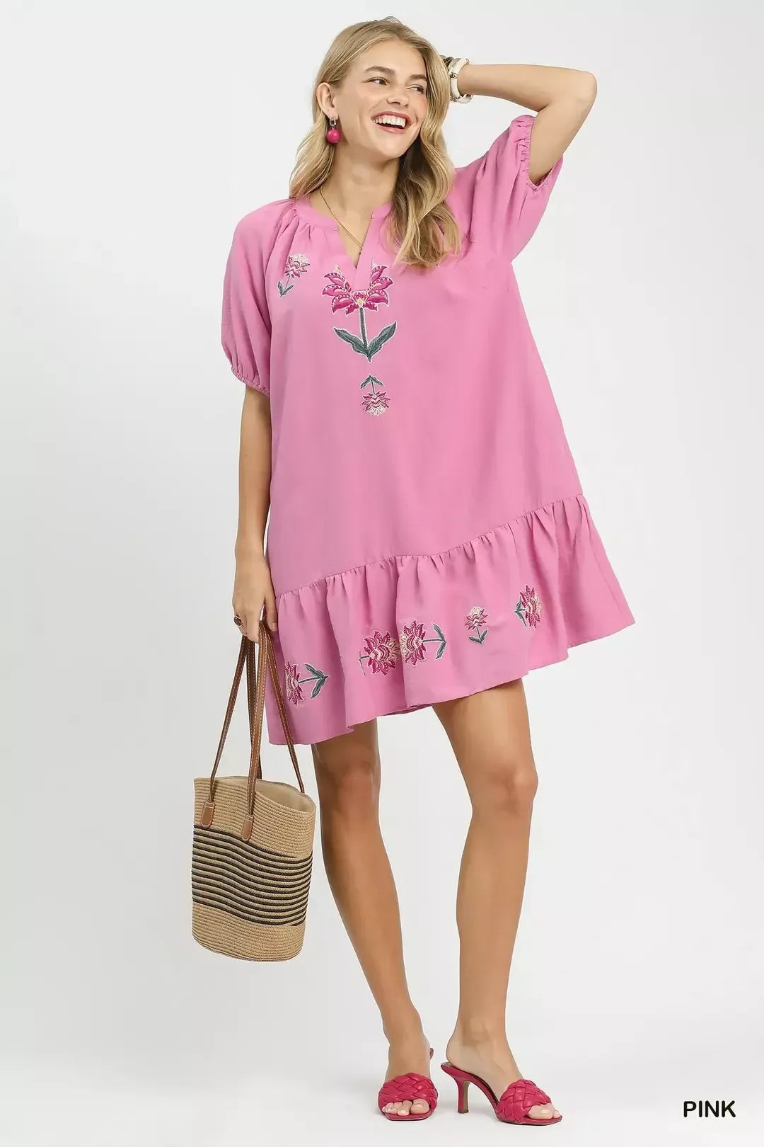 Women's Pink Embroidered Floral Babydoll Dress