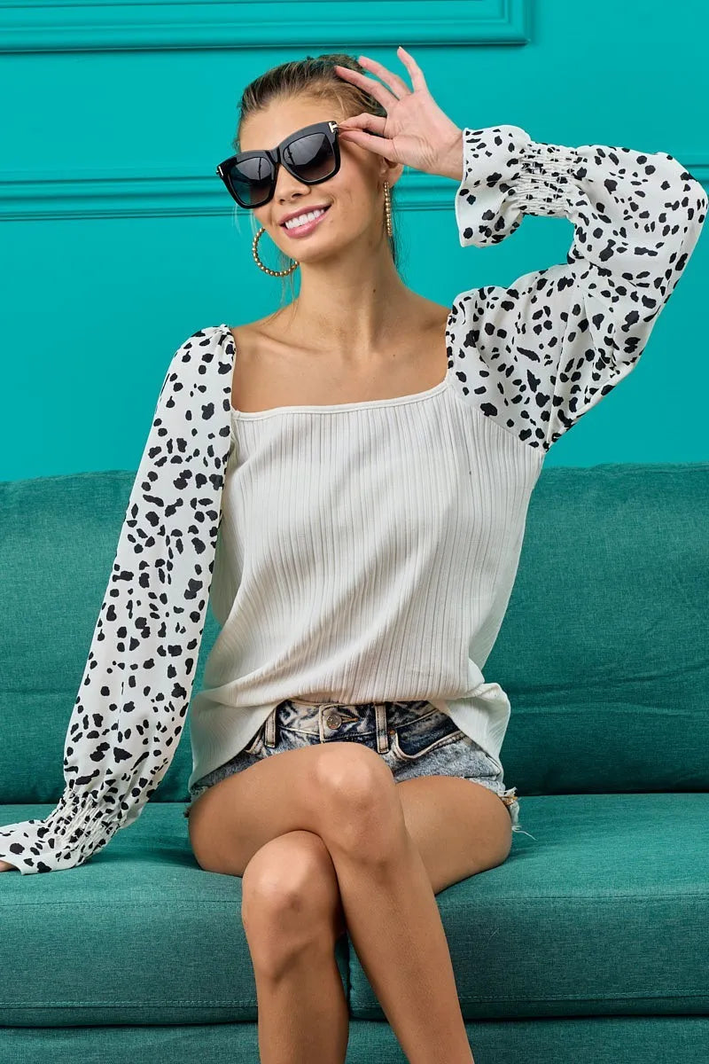 Women's Ribbed Leopard-Sleeve Top