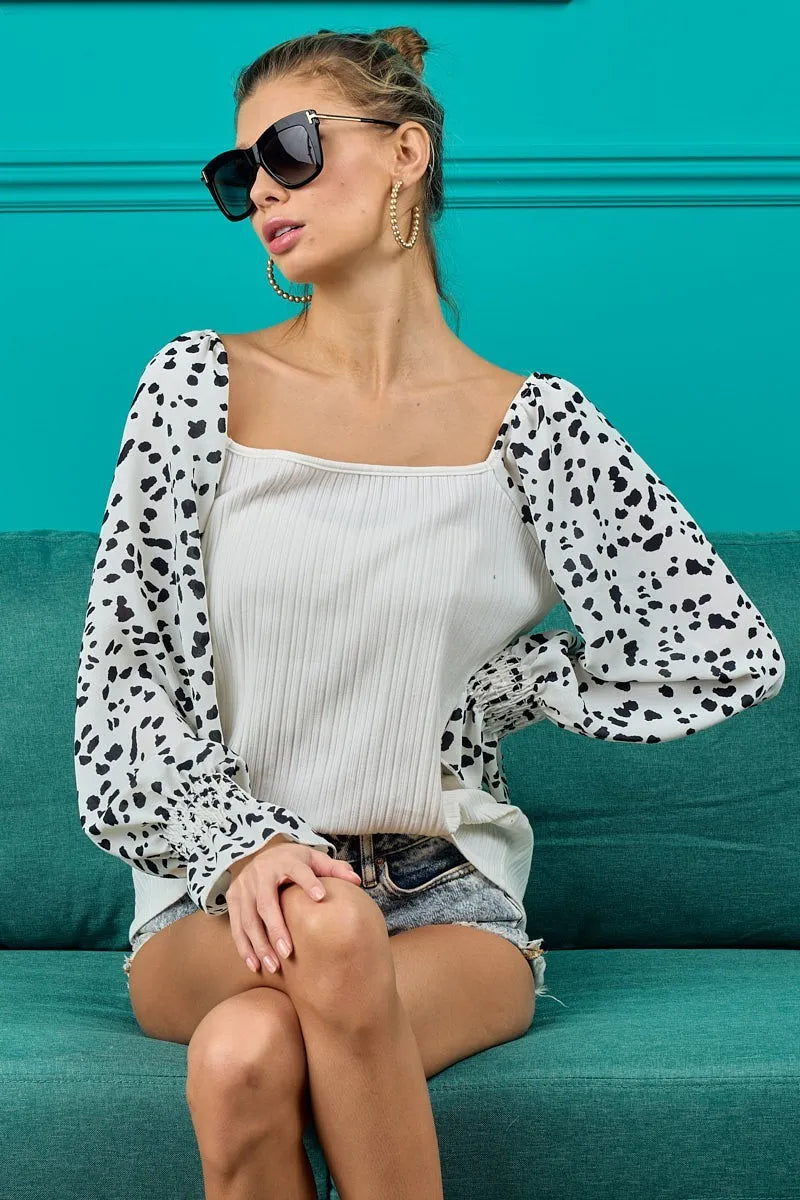 Women's Ribbed Leopard-Sleeve Top