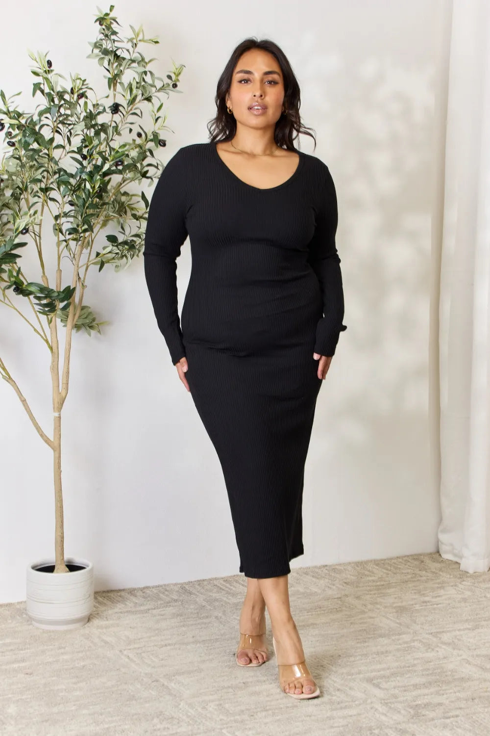 Women's Ribbed Long-Sleeve Slit Midi Dress