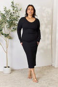 Women's Ribbed Long-Sleeve Slit Midi Dress