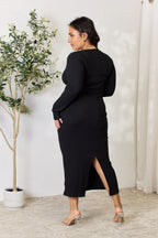 Women's Ribbed Long-Sleeve Slit Midi Dress