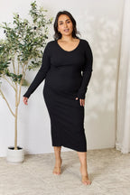 Women's Ribbed Long-Sleeve Slit Midi Dress