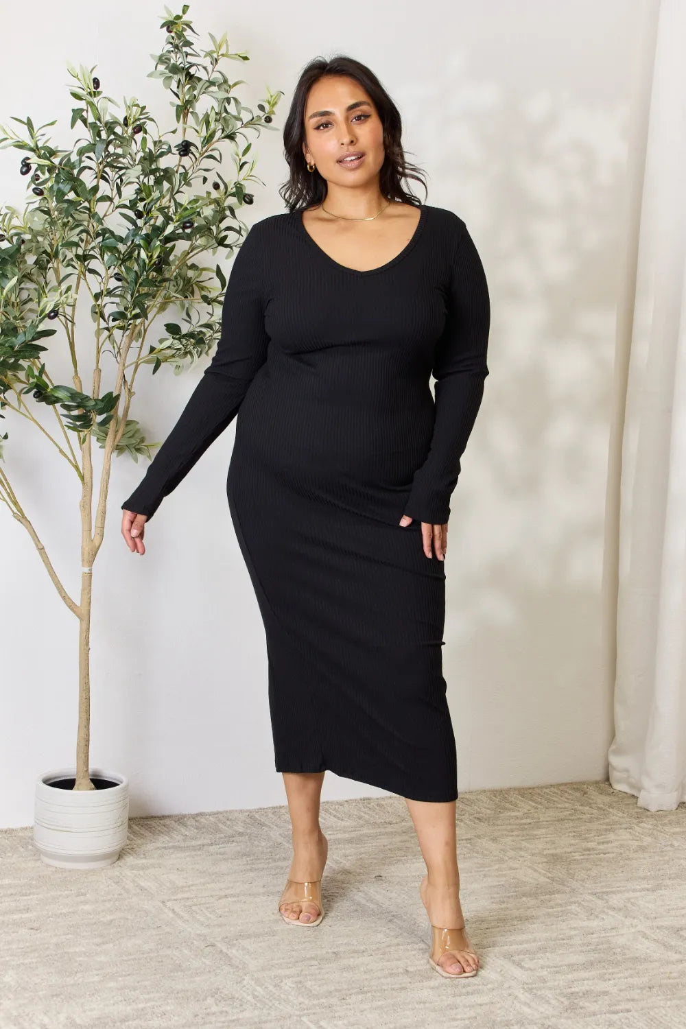 Women's Ribbed Long-Sleeve Slit Midi Dress