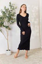 Women's Ribbed Long-Sleeve Slit Midi Dress