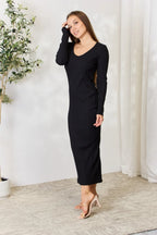 Women's Ribbed Long-Sleeve Slit Midi Dress