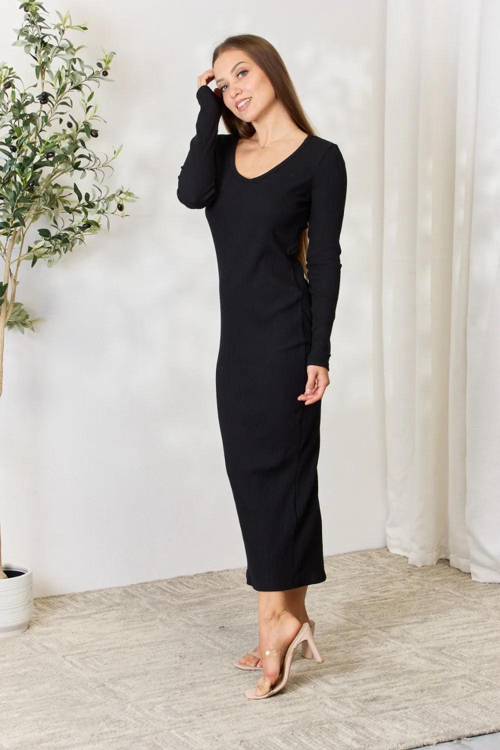 Women's Ribbed Long-Sleeve Slit Midi Dress
