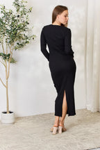 Women's Ribbed Long-Sleeve Slit Midi Dress