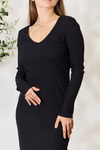 Women's Ribbed Long-Sleeve Slit Midi Dress