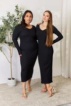 Women's Ribbed Long-Sleeve Slit Midi Dress