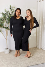 Women's Ribbed Long-Sleeve Slit Midi Dress