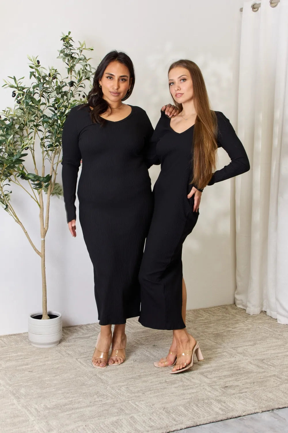 Women's Ribbed Long-Sleeve Slit Midi Dress