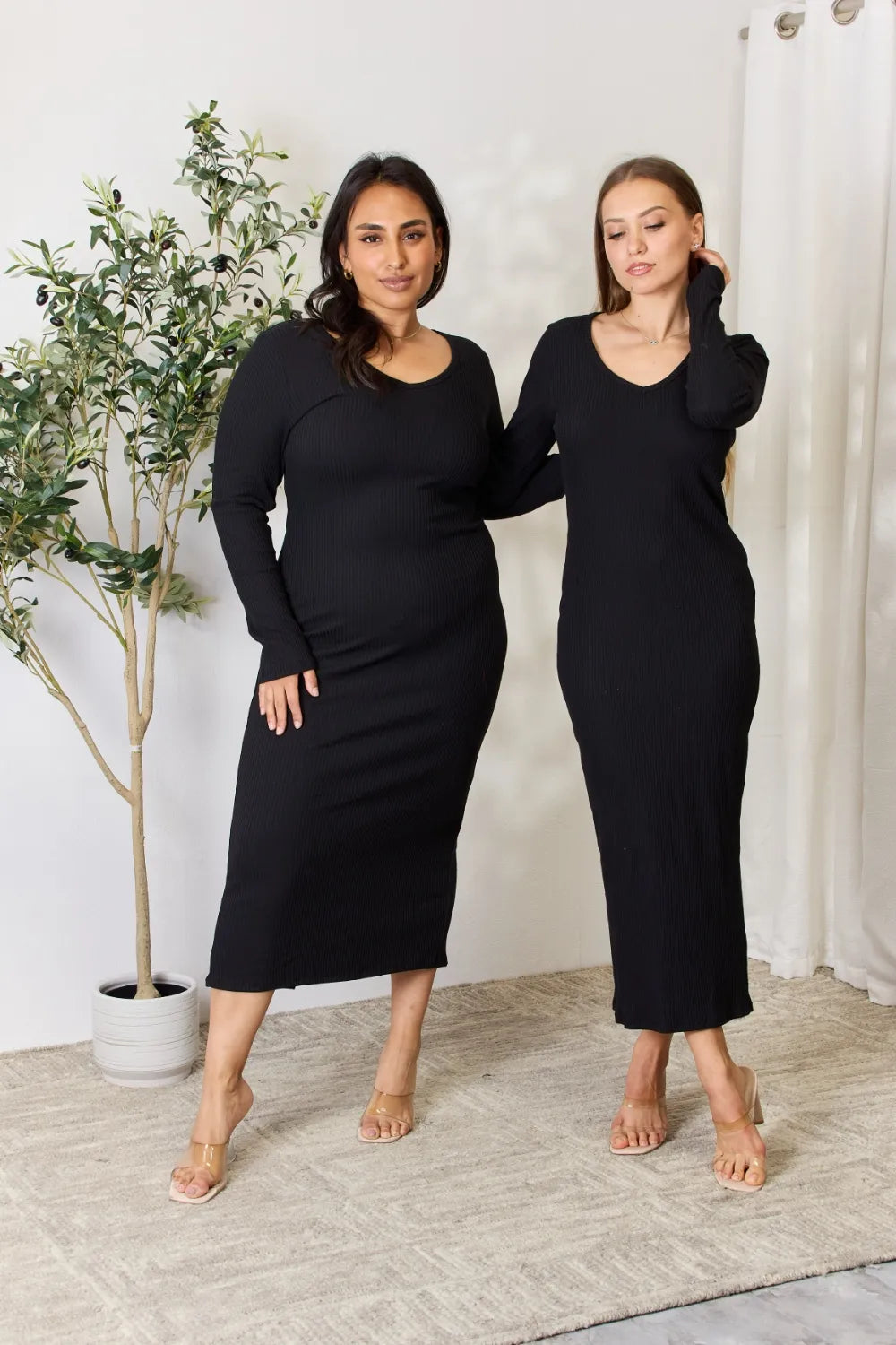 Women's Ribbed Long-Sleeve Slit Midi Dress