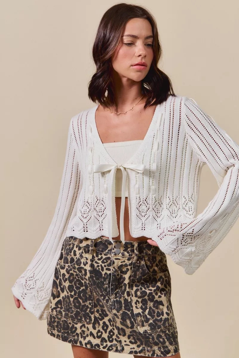 Women's Ribbon-Tie Textured Cardigan
