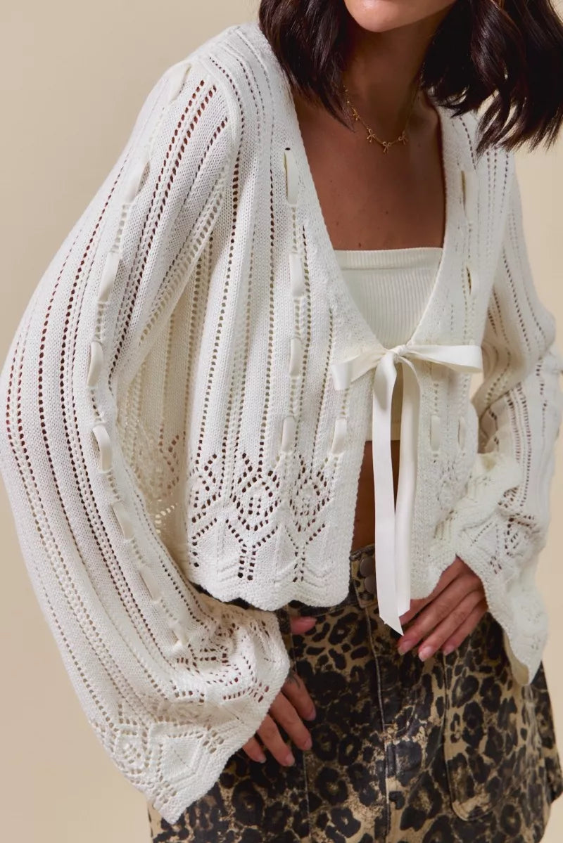 Women's Ribbon-Tie Textured Cardigan