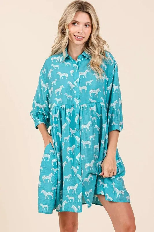 Women's Sea Green Zebra Print Button-Front Mini Shirt Dress