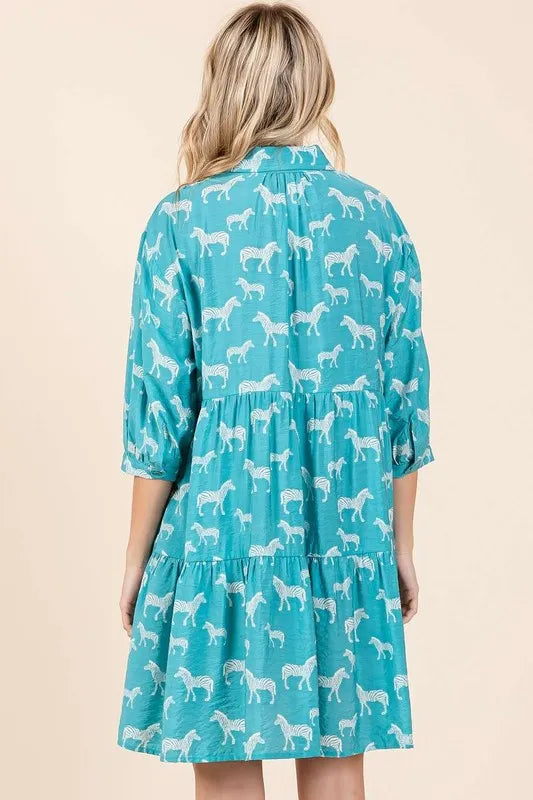 Women's Sea Green Zebra Print Button-Front Mini Shirt Dress