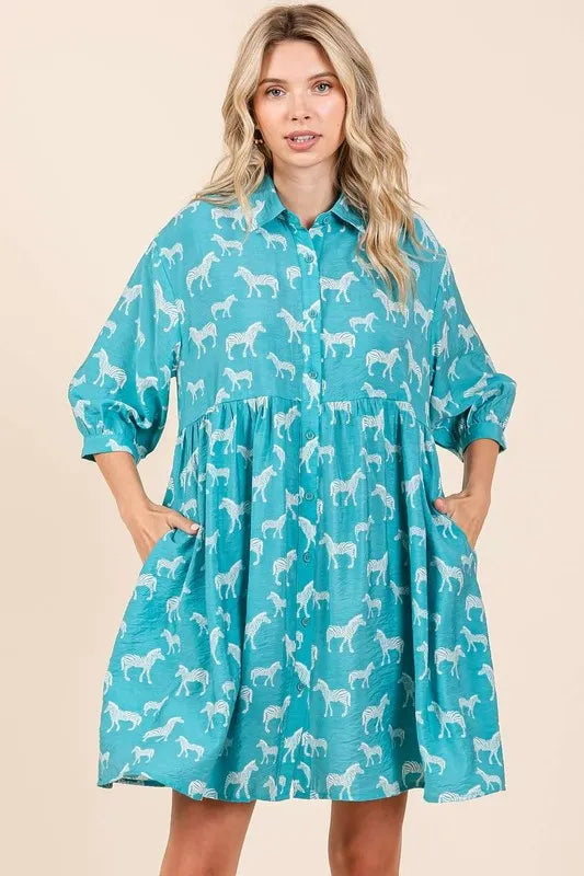 Women's Sea Green Zebra Print Button-Front Mini Shirt Dress
