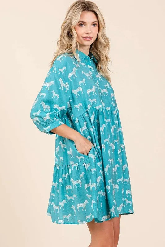 Women's Sea Green Zebra Print Button-Front Mini Shirt Dress