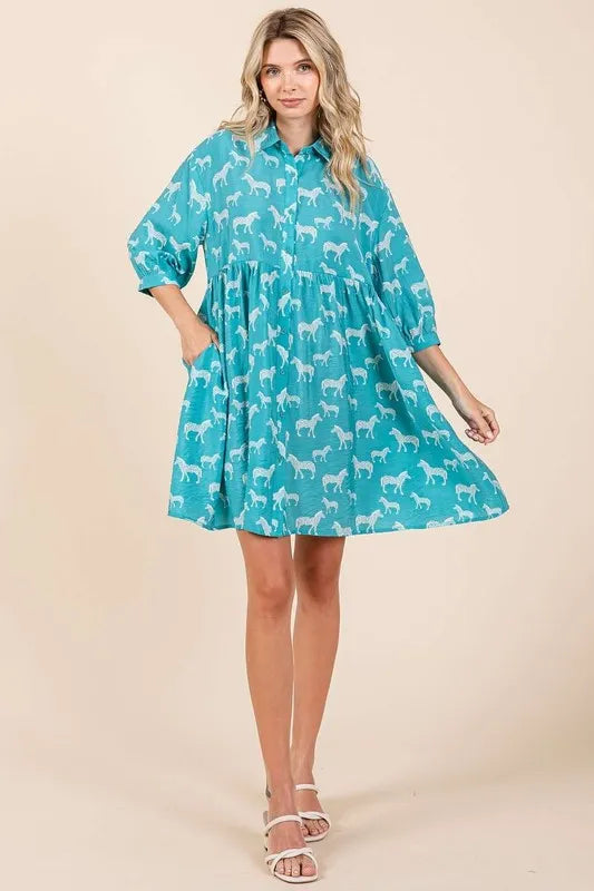 Women's Sea Green Zebra Print Button-Front Mini Shirt Dress