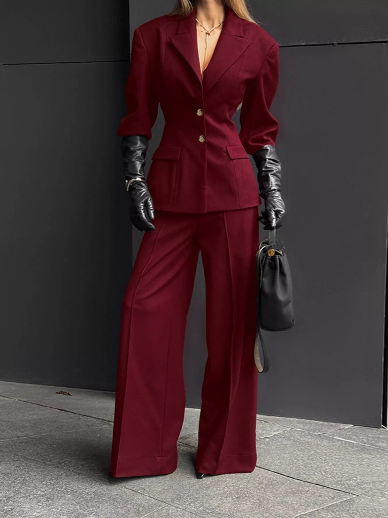 Women's Single-Breasted Blazer and Wide-Leg Pants Set