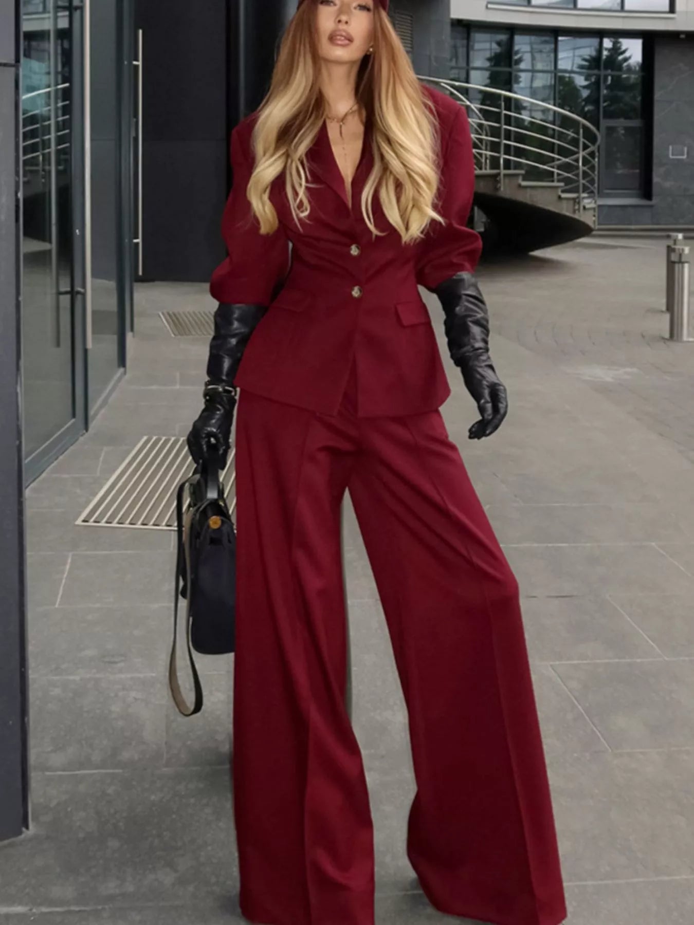Women's Single-Breasted Blazer and Wide-Leg Pants Set