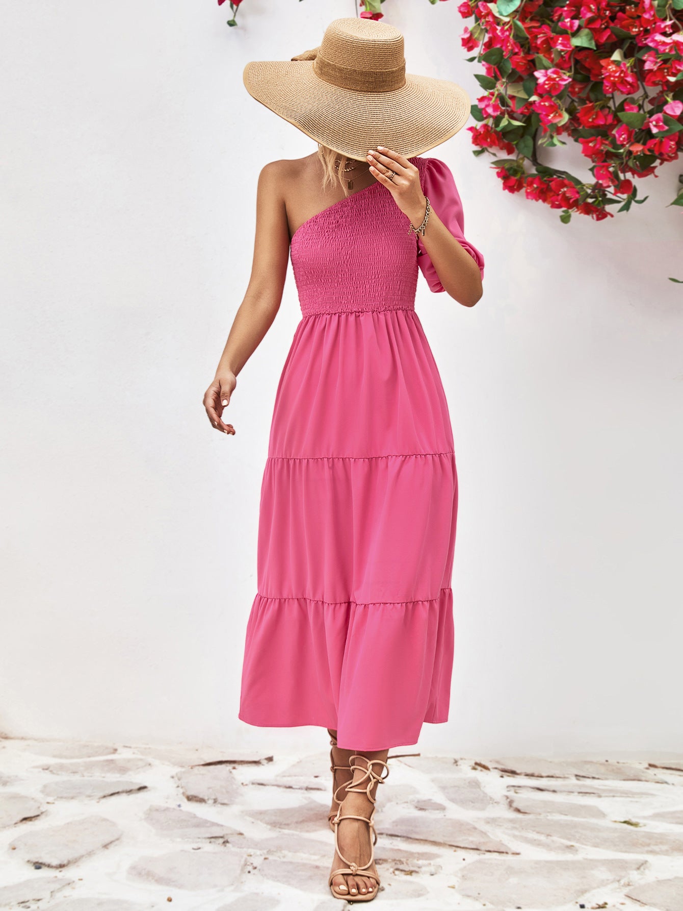Women's Smocked One-Shoulder Midi Dress