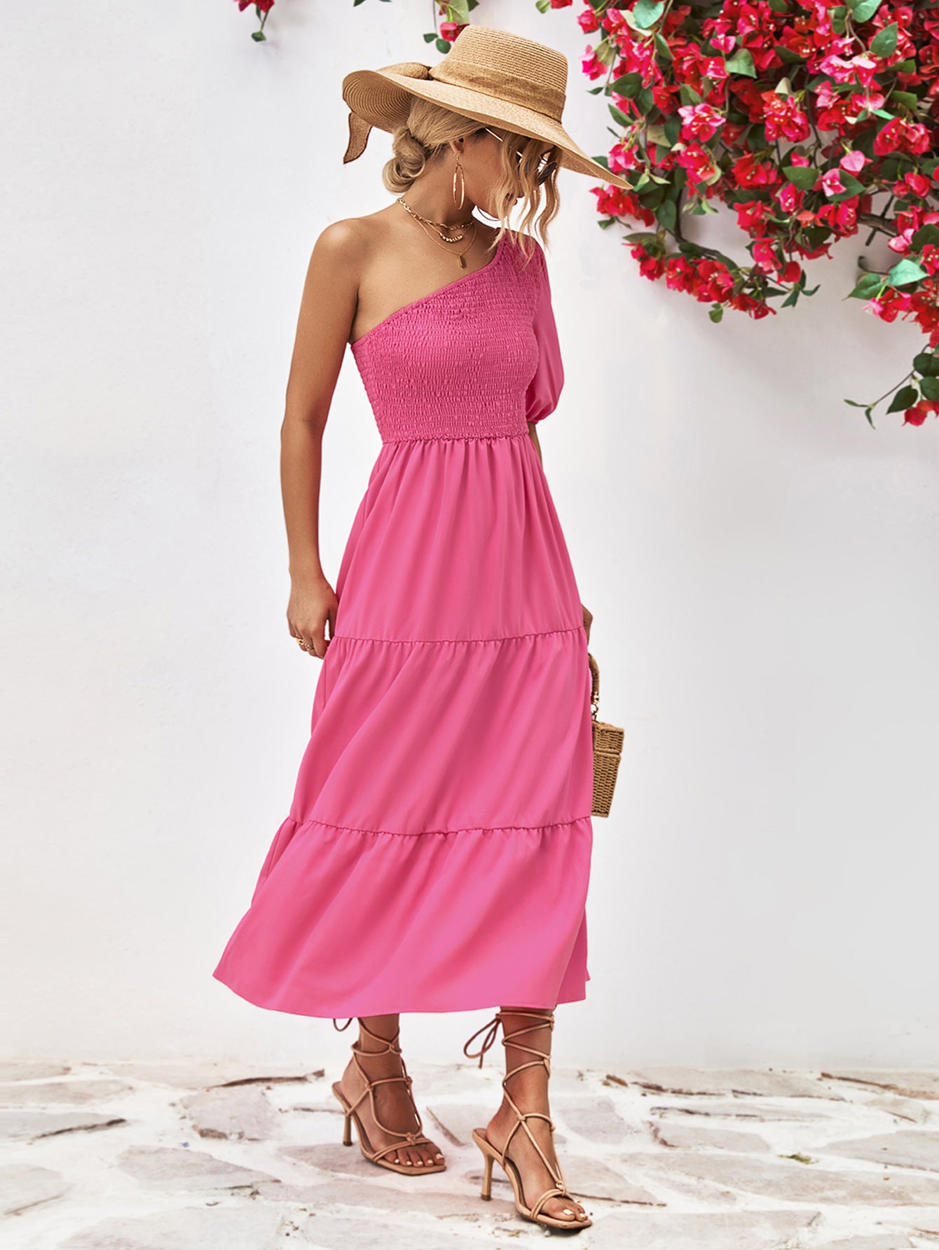 Women's Smocked One-Shoulder Midi Dress