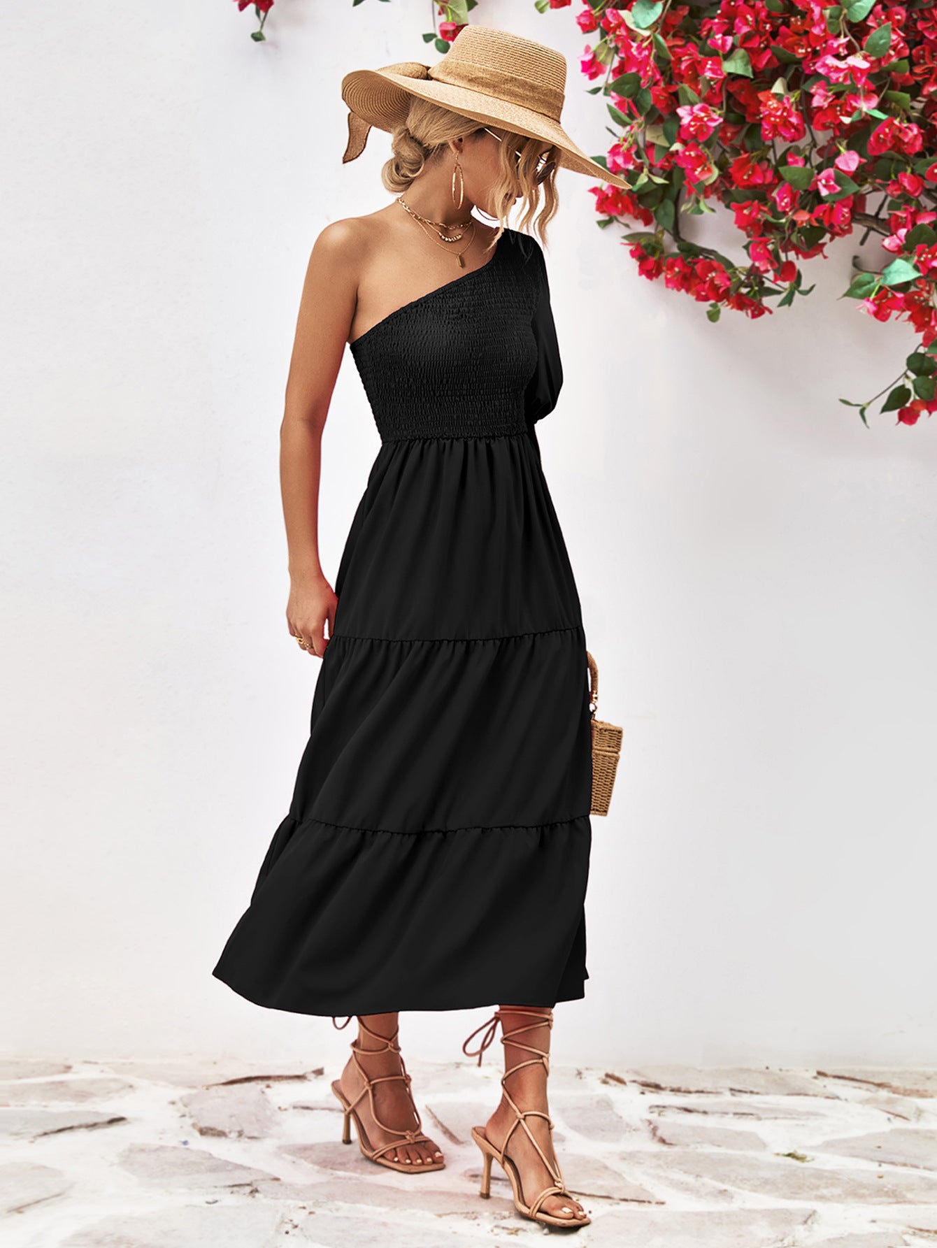Women's Smocked One-Shoulder Midi Dress
