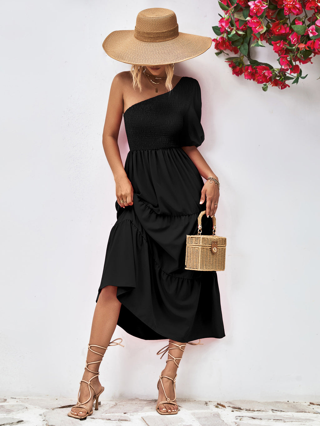 Women's Smocked One-Shoulder Midi Dress